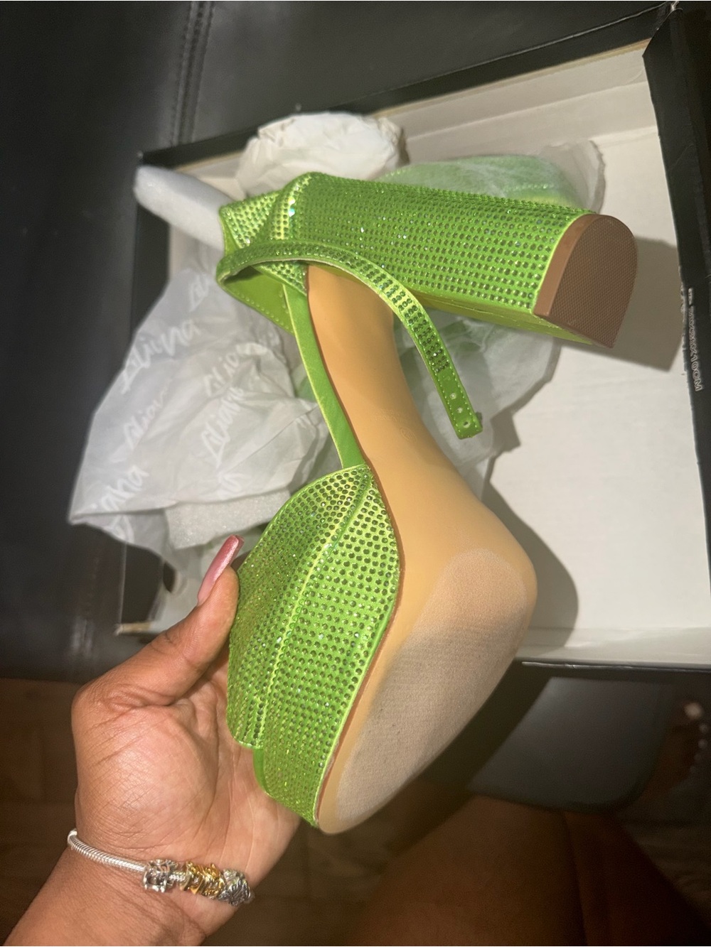 Liliana Lime Green Rhinestone Platform Block Heels
